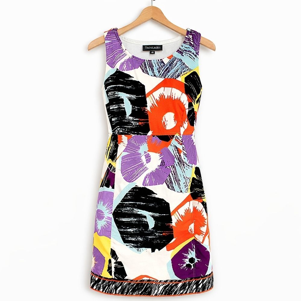 Tahari Mindy Solstice Purple Black Floral Kangaroo Pocket Stretch Sheath Dress